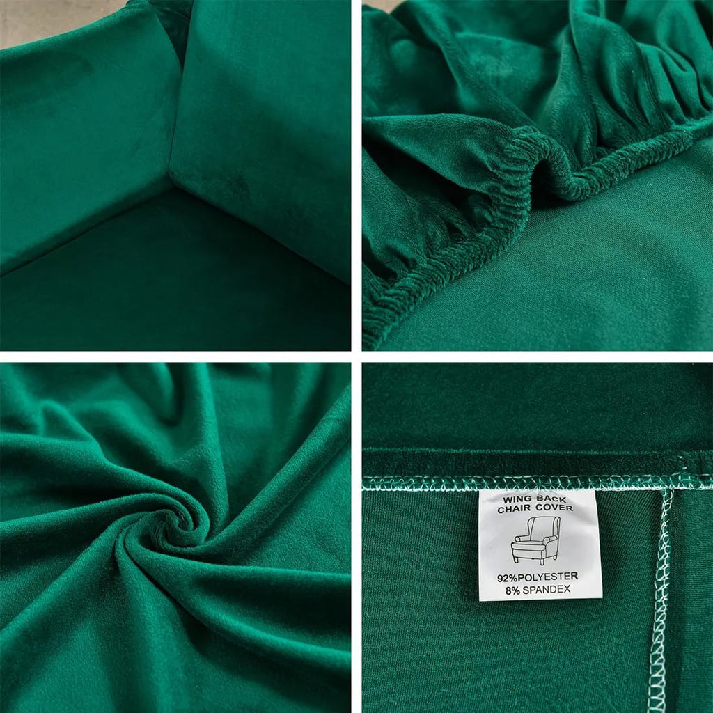 Dark Green Velvet Stretch Wingback Chair Sofa Slipcover with Elastic Bottom M343689