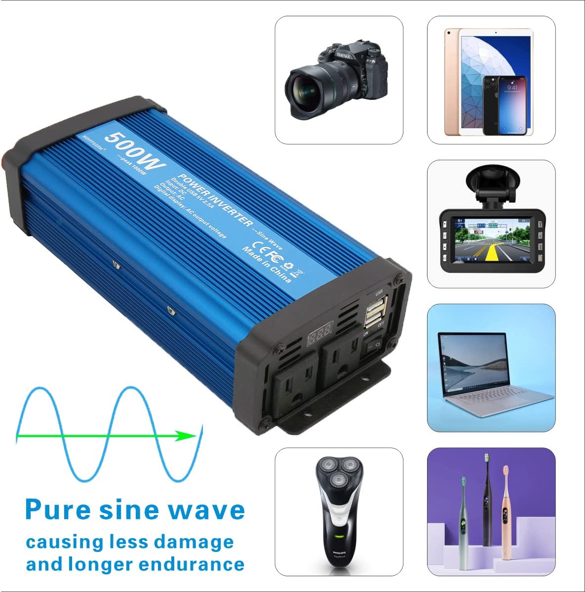 500W Pure Sine Wave Power Inverter DC 12V to 110V AC with 2.4A Dual USB W6241