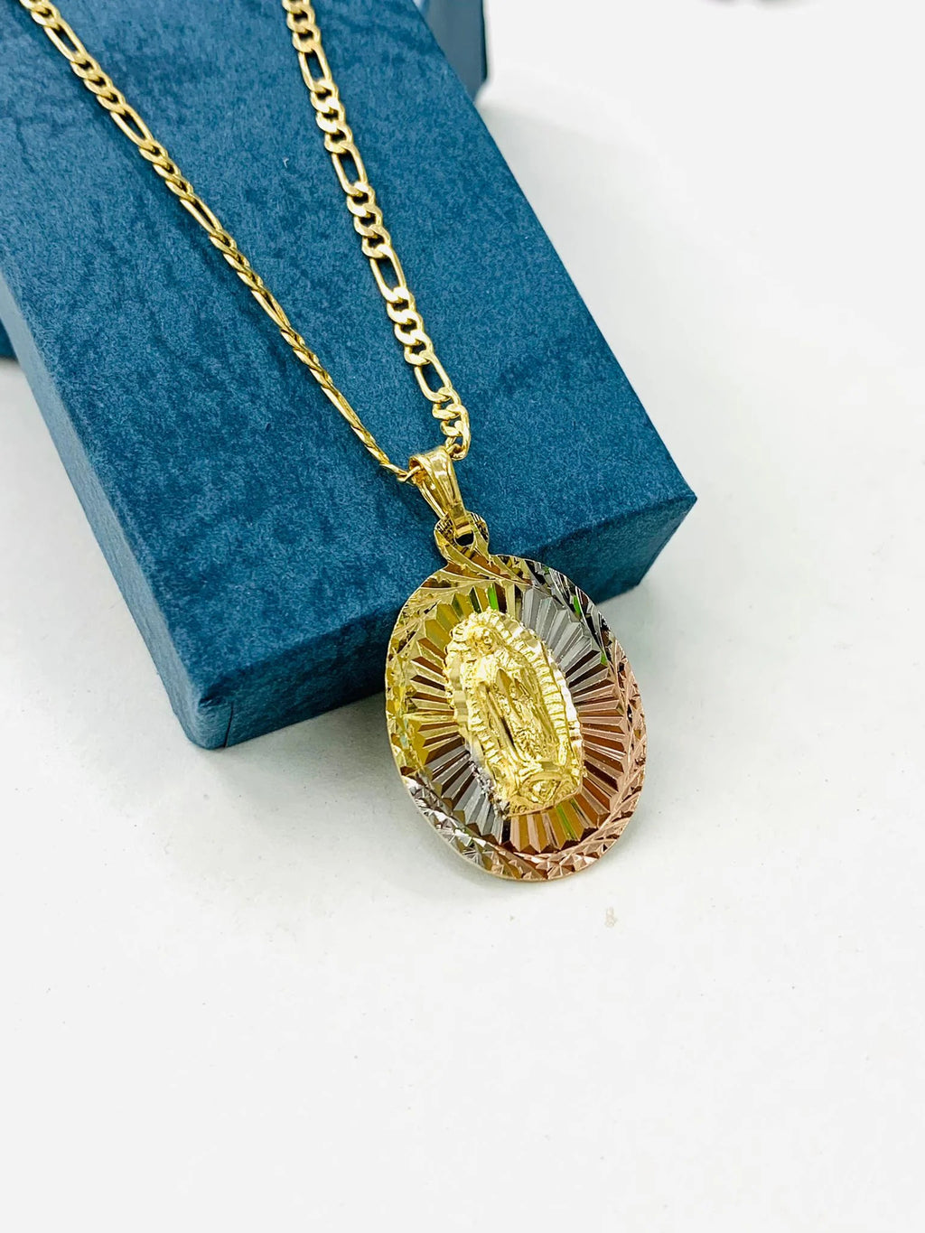 Tri Color Diamond Cut Virgen de Guadalupe Pendant Necklace Figaro Chain 20" Gold Filled O434176