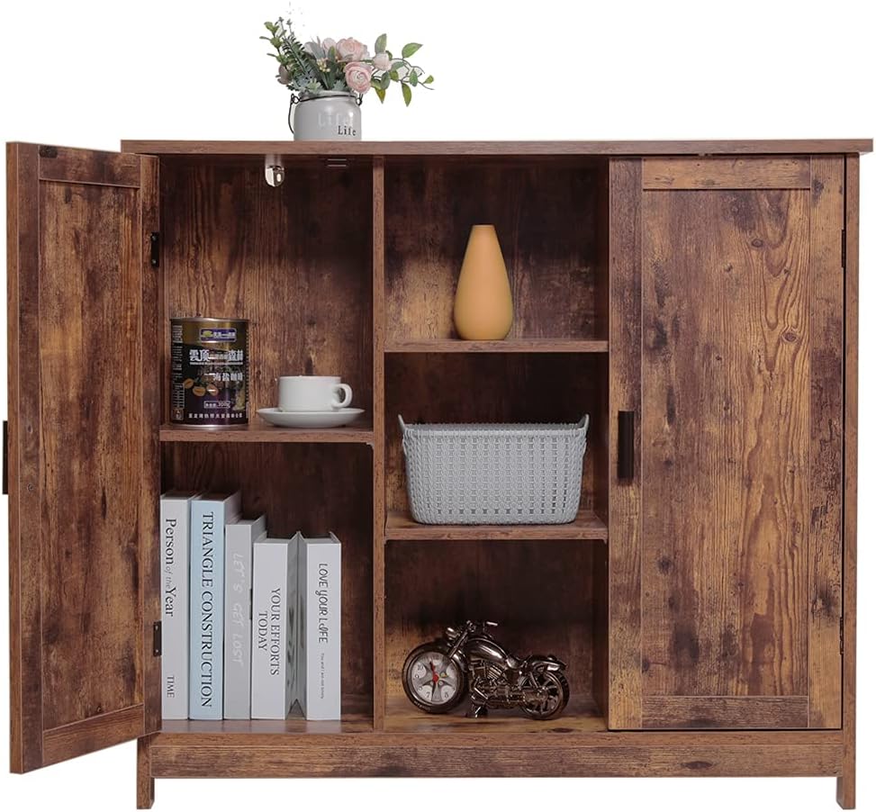 Retro Brown Wooden Floor Storage Cabinet with 2 Doors and 2 Open Shelves O338