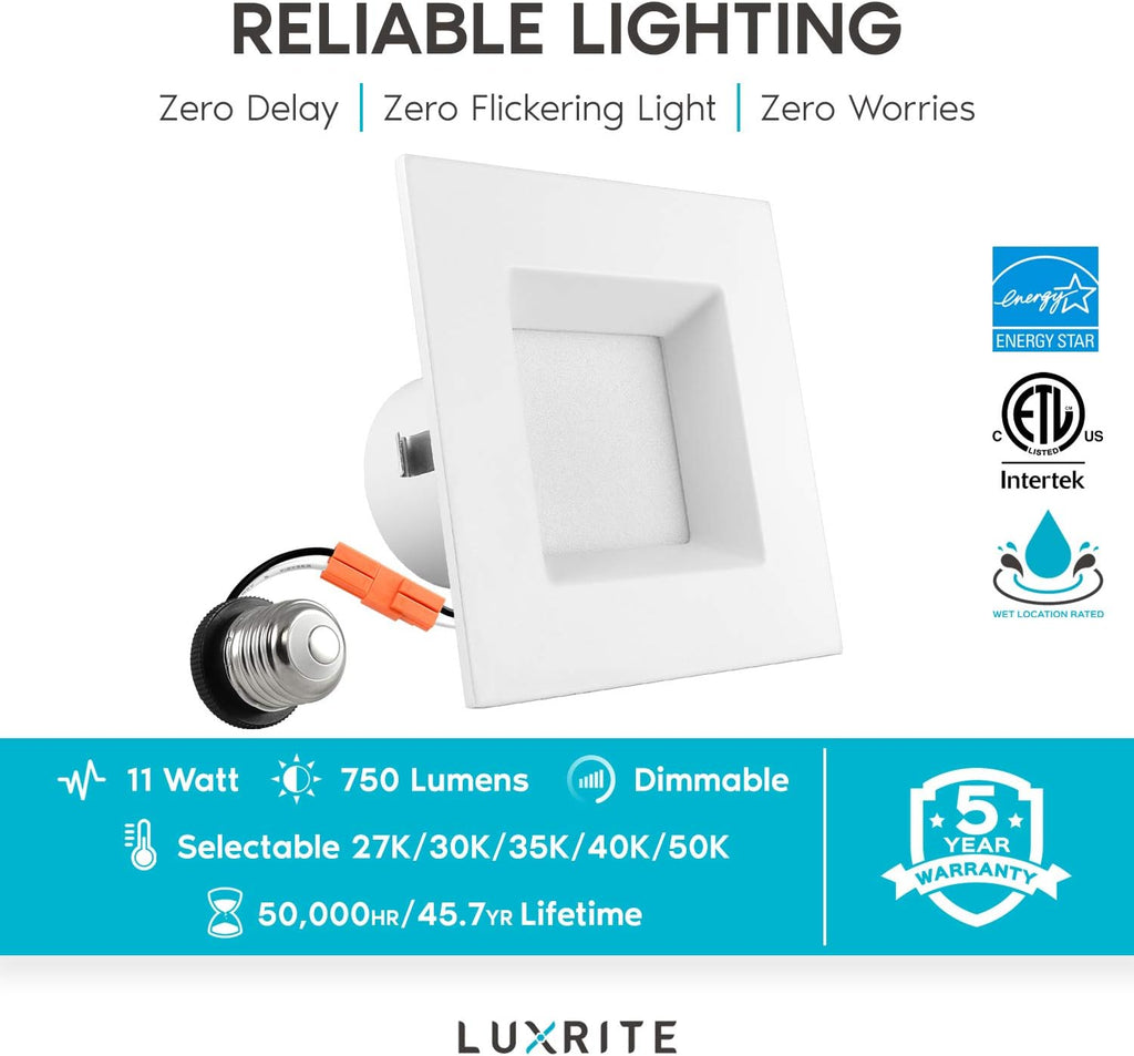4 Inch Square Recessed LED Can Lights, Selectable CCT, Dimmable, 750 Lumens, CRI 90, Wet Rated (4 Pack) Z9111