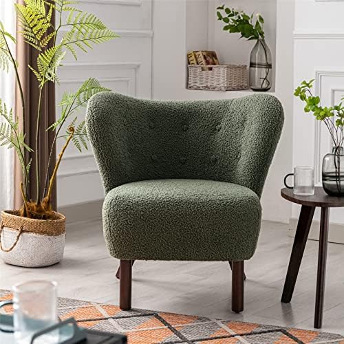 Faux Fur Wingback Tufted Accent Chair with Solid Wood Legs B79223