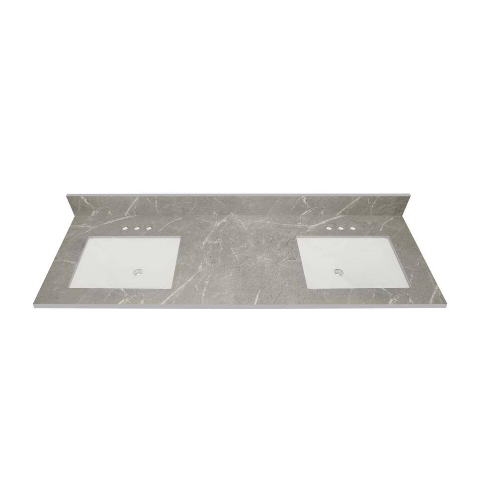 61 in. Vanity Top in Soapstone Mist with Double White Sinks and 4 in. Faucet Spread W99709
