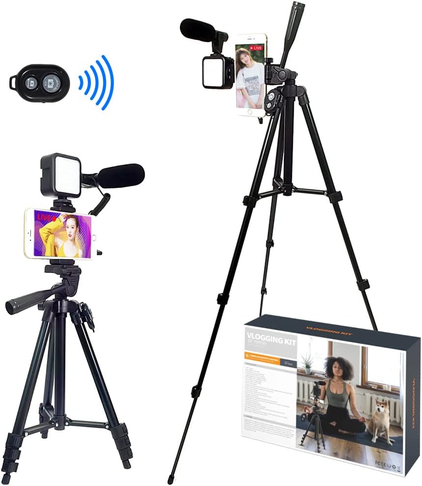 Vlogging Kit with Microphone, Remote Control, Fill-in Light, 15-50" Extendable Tripod Stand, Pack of 2 R28991