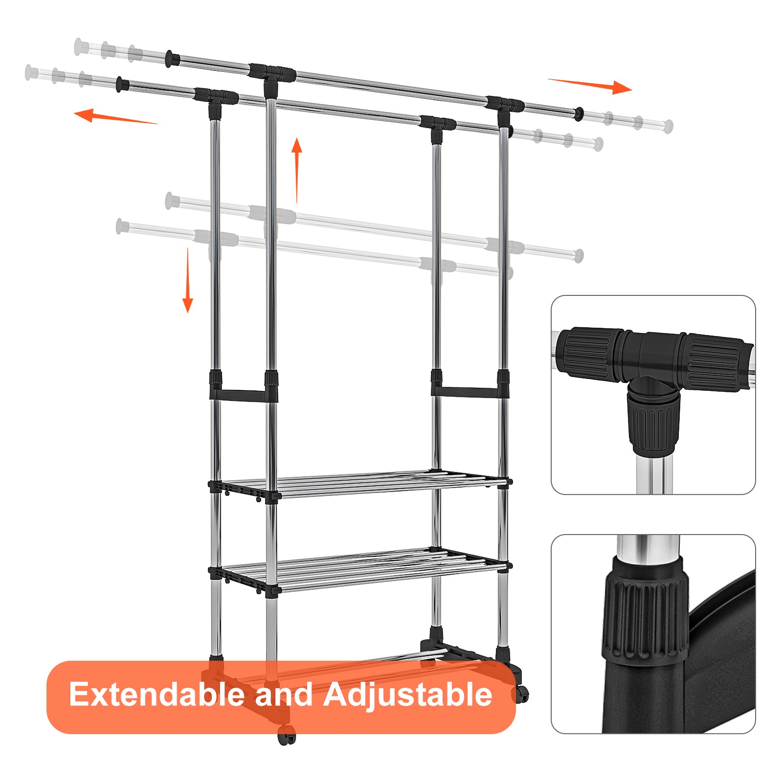 Adjustable Garment Rack with 2 Tier Metal Shelf, Rolling Clothes Organizer Q666191