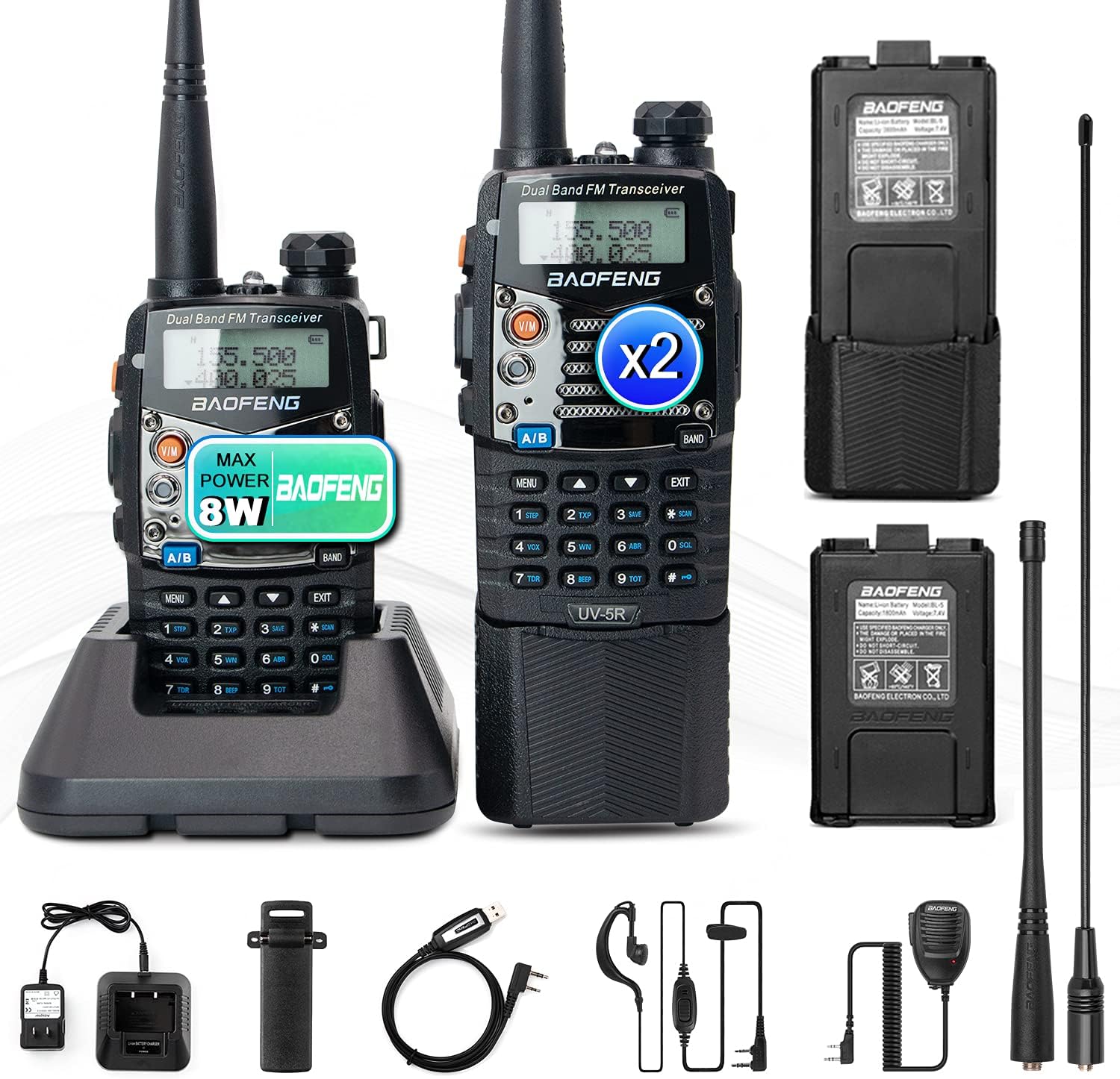 UV-5R Pro Dual Band Handheld Ham Radio 2-Way Radio with Extra 3800mAh Battery and Earpiece (2 Pack) C821979