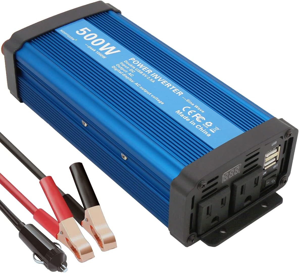 500W Pure Sine Wave Power Inverter DC 12V to 110V AC with 2.4A Dual USB W6241
