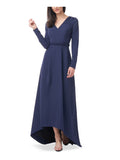 Blue Stretch Zippered Pleated Ruffled Waist Hi-lo Hem Long Sleeve V Neck Full-Length Party Fit Flare Dress G48092