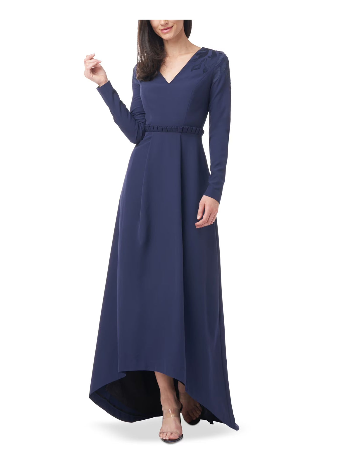Blue Stretch Zippered Pleated Ruffled Waist Hi-lo Hem Long Sleeve V Neck Full-Length Party Fit Flare Dress G48092