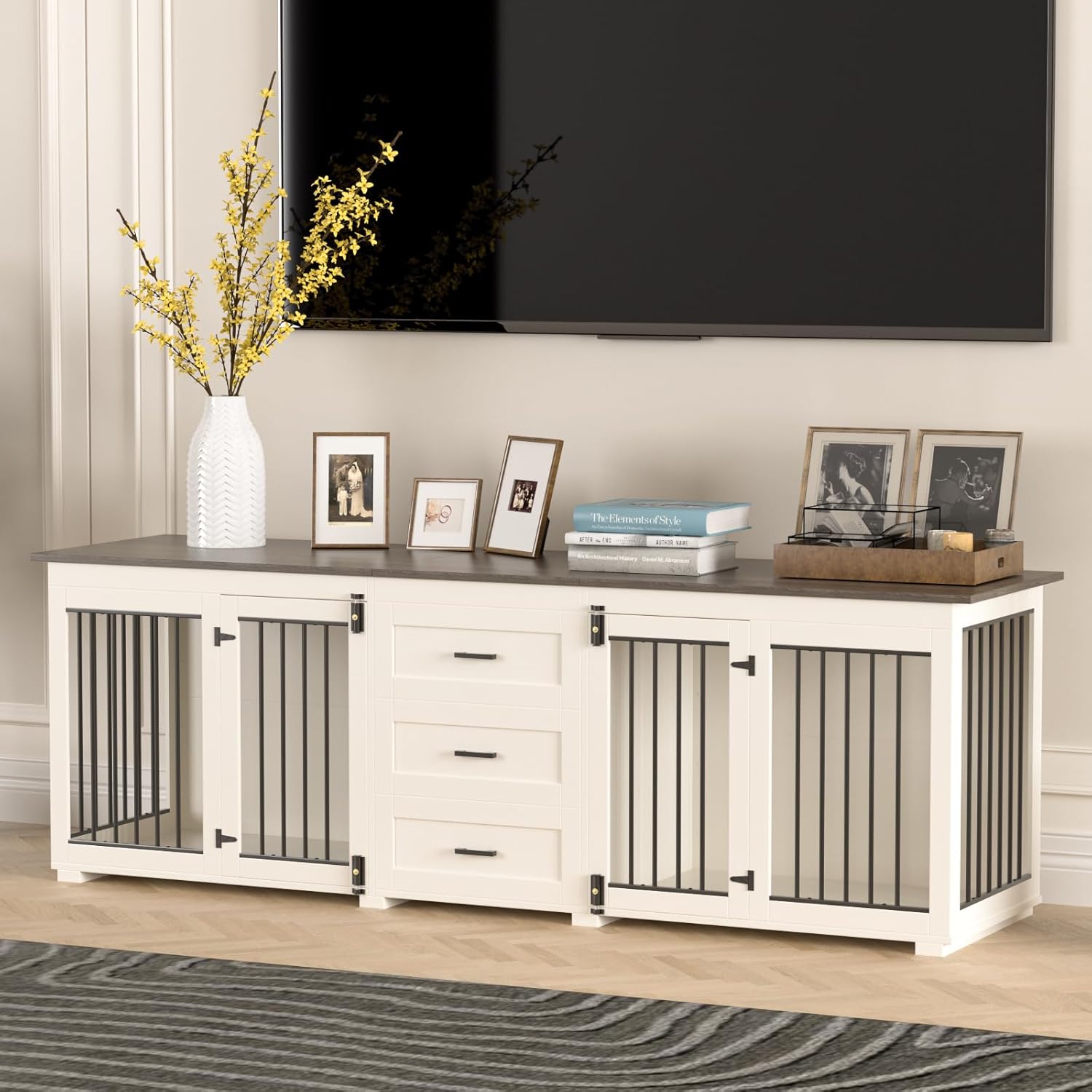 White Wooden Double Dog Kennel with 3 Drawers H60639