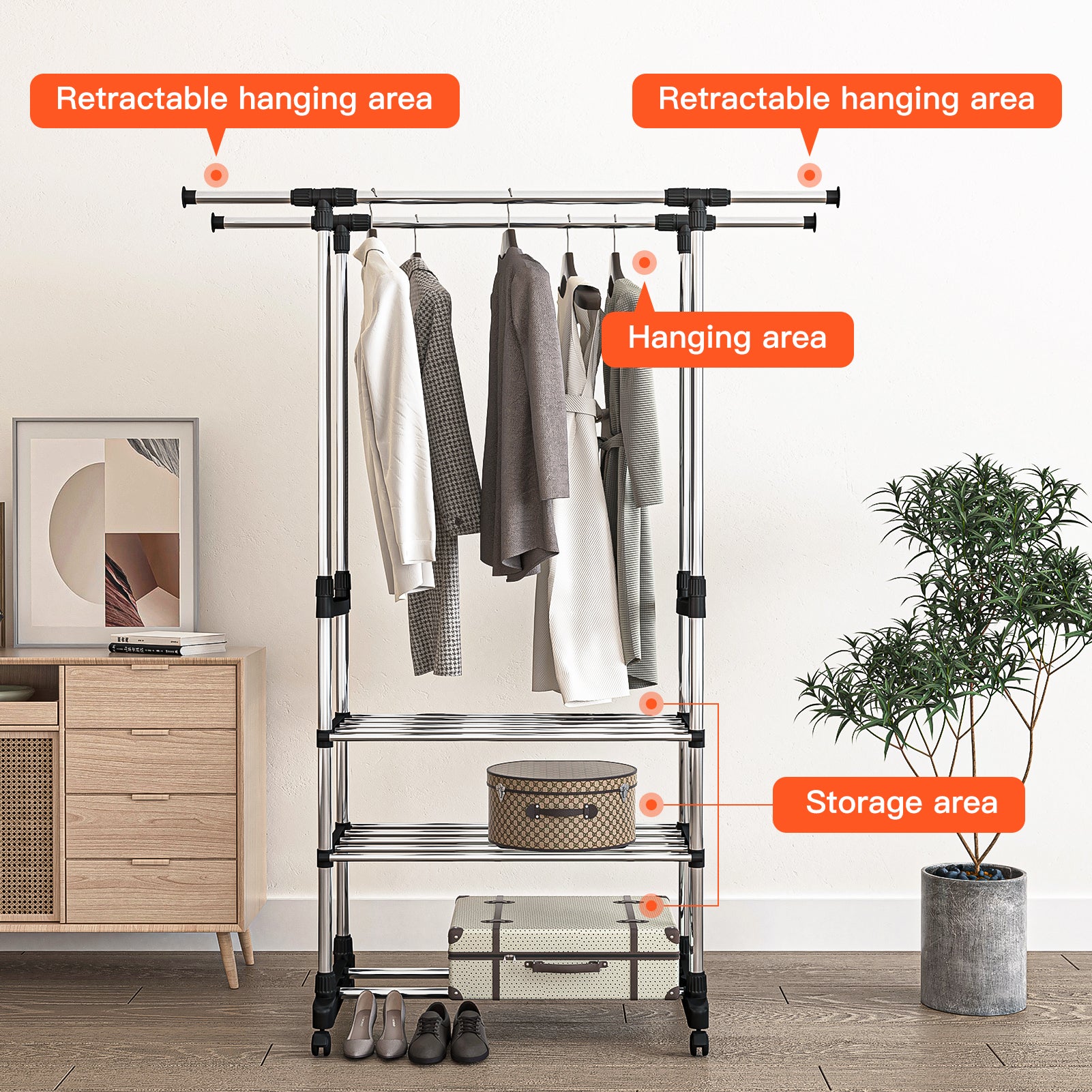 Adjustable Garment Rack with 2 Tier Metal Shelf, Rolling Clothes Organizer Q666191