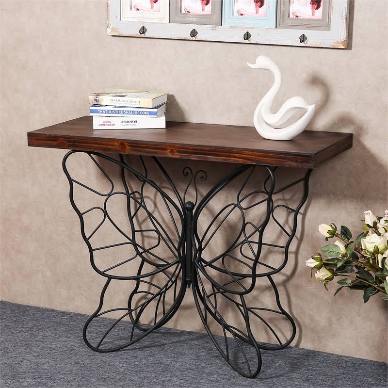 Dark Wood Tabletop Black Metal Butterfly Accent Table B81134