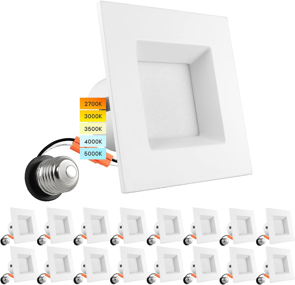 4 Inch Square Recessed LED Can Lights, Selectable CCT, Dimmable, 750 Lumens, CRI 90, Wet Rated (4 Pack) Z9111