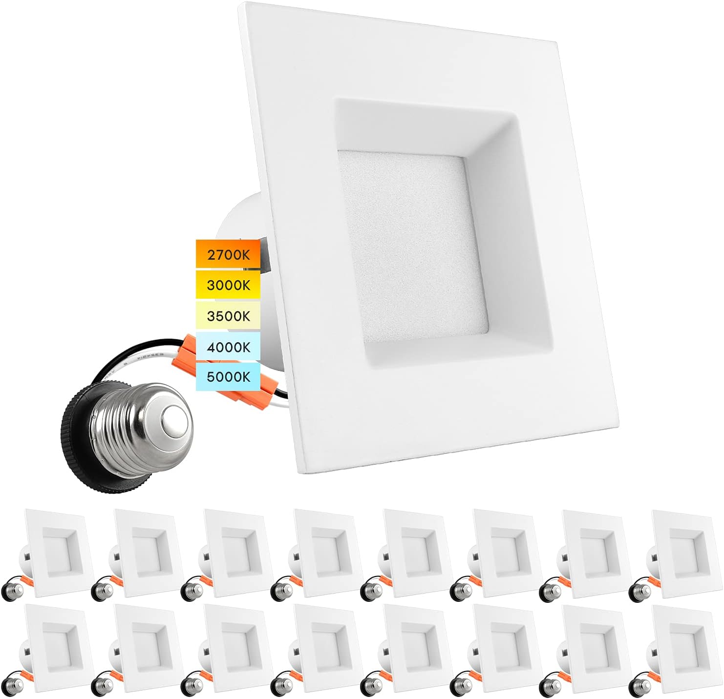 4 Inch Square Recessed LED Can Lights, Selectable CCT, Dimmable, 750 Lumens, CRI 90, Wet Rated (4 Pack) Z9111