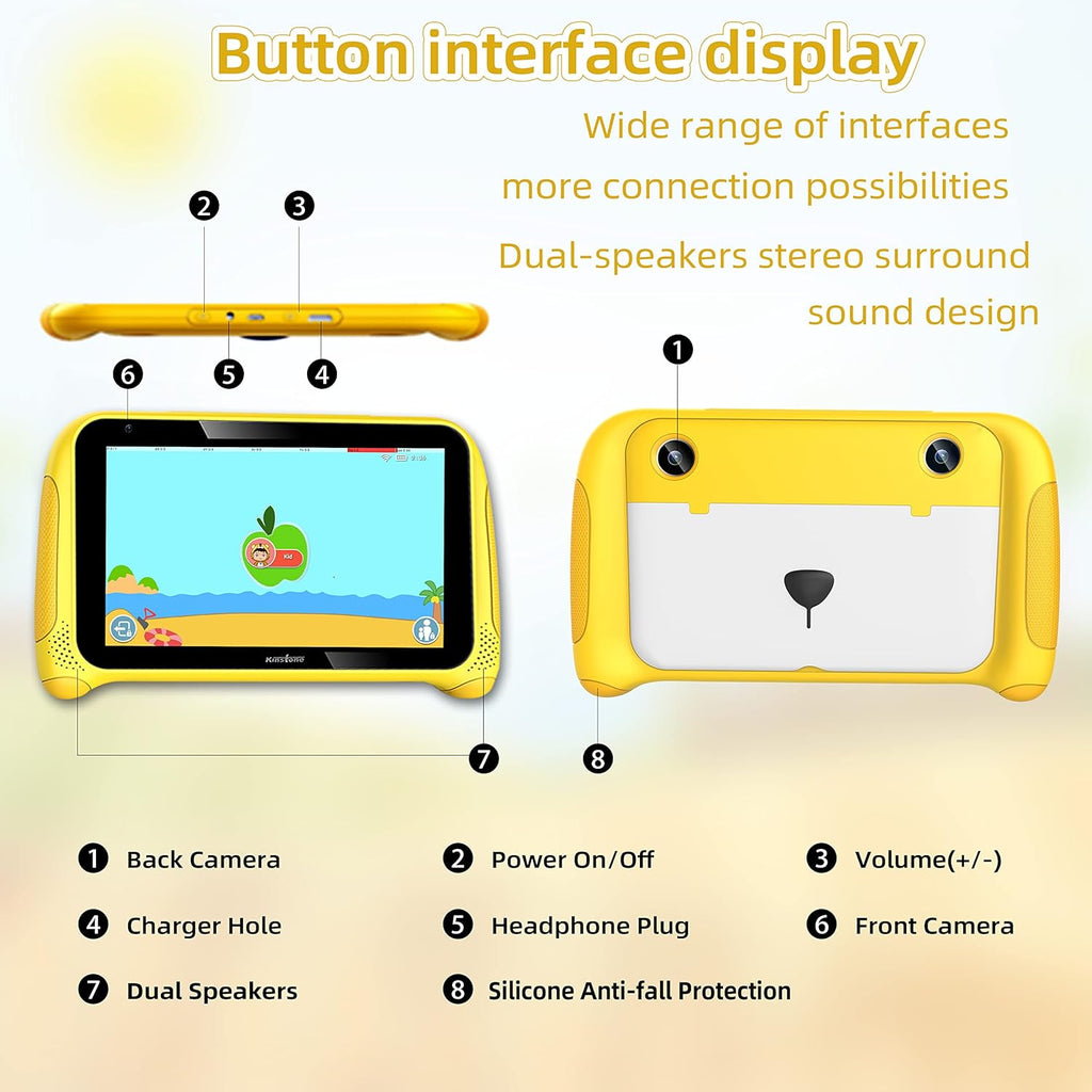 Yellow 7 inch Kids Tablet Android 11 Quad Core 2GB RAM 32GB Dual Camera WiFi Bluetooth 4.2 Pack of 2 F64576