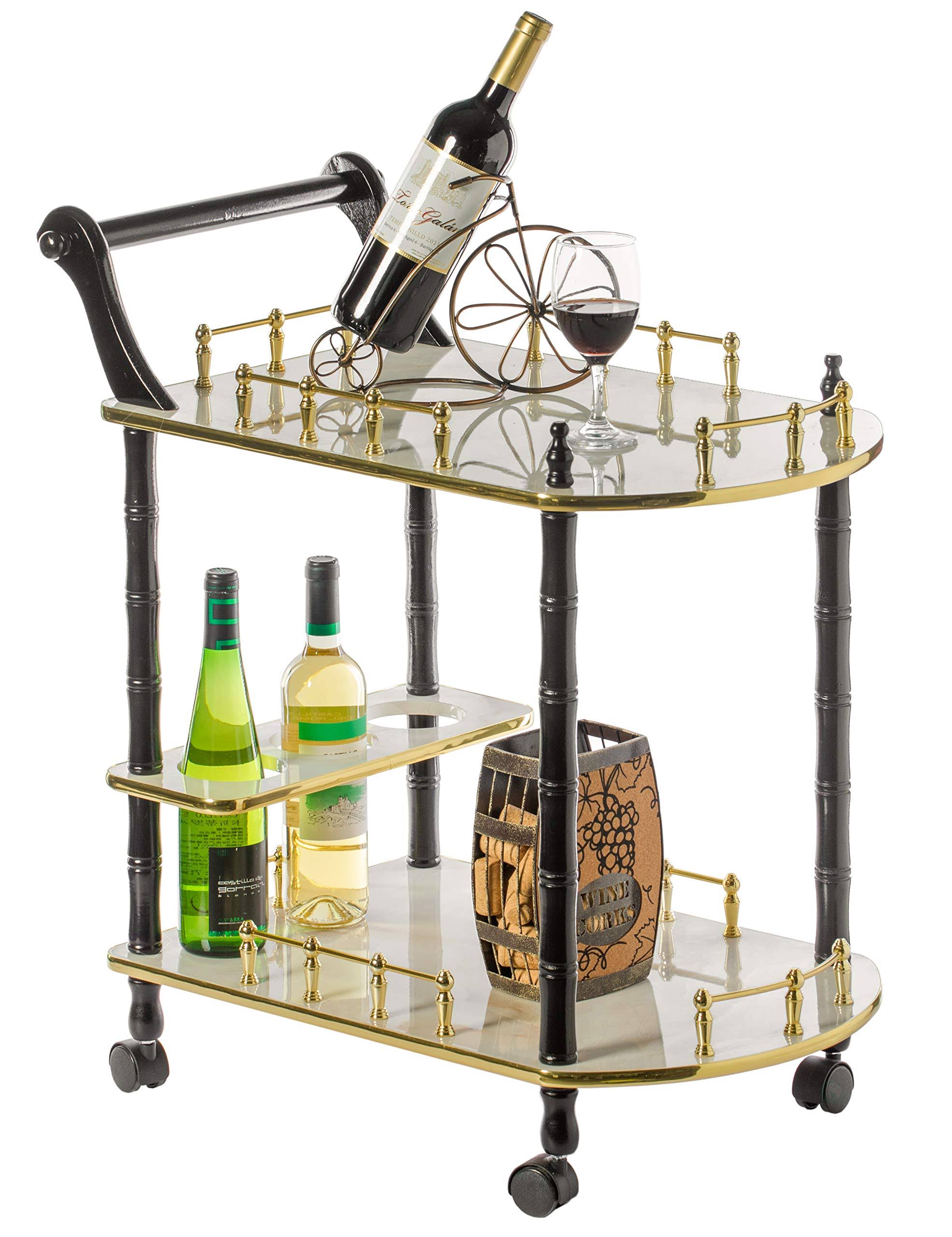 Gold Black and White Wood Serving Bar Cart with 2 Tier Shelves and Rolling Wheels Z441200
