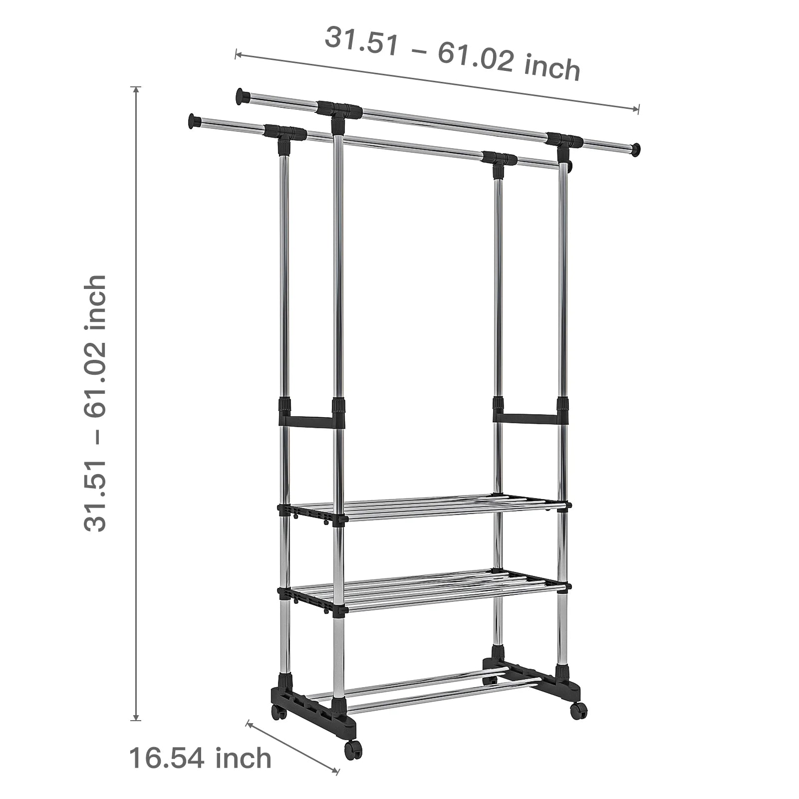 Adjustable Garment Rack with 2 Tier Metal Shelf, Rolling Clothes Organizer Q666191
