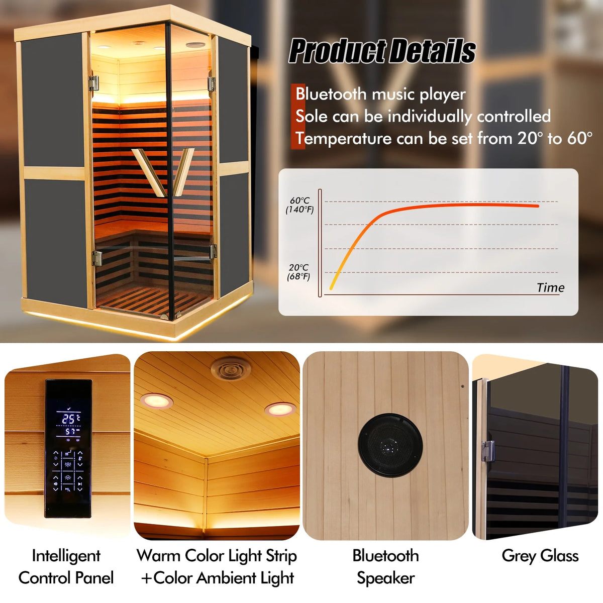 Infrared Sauna 1980W Wooden Hemlock Wood Low-EMF Indoor Saunas with APP Control for Two Person Q2409