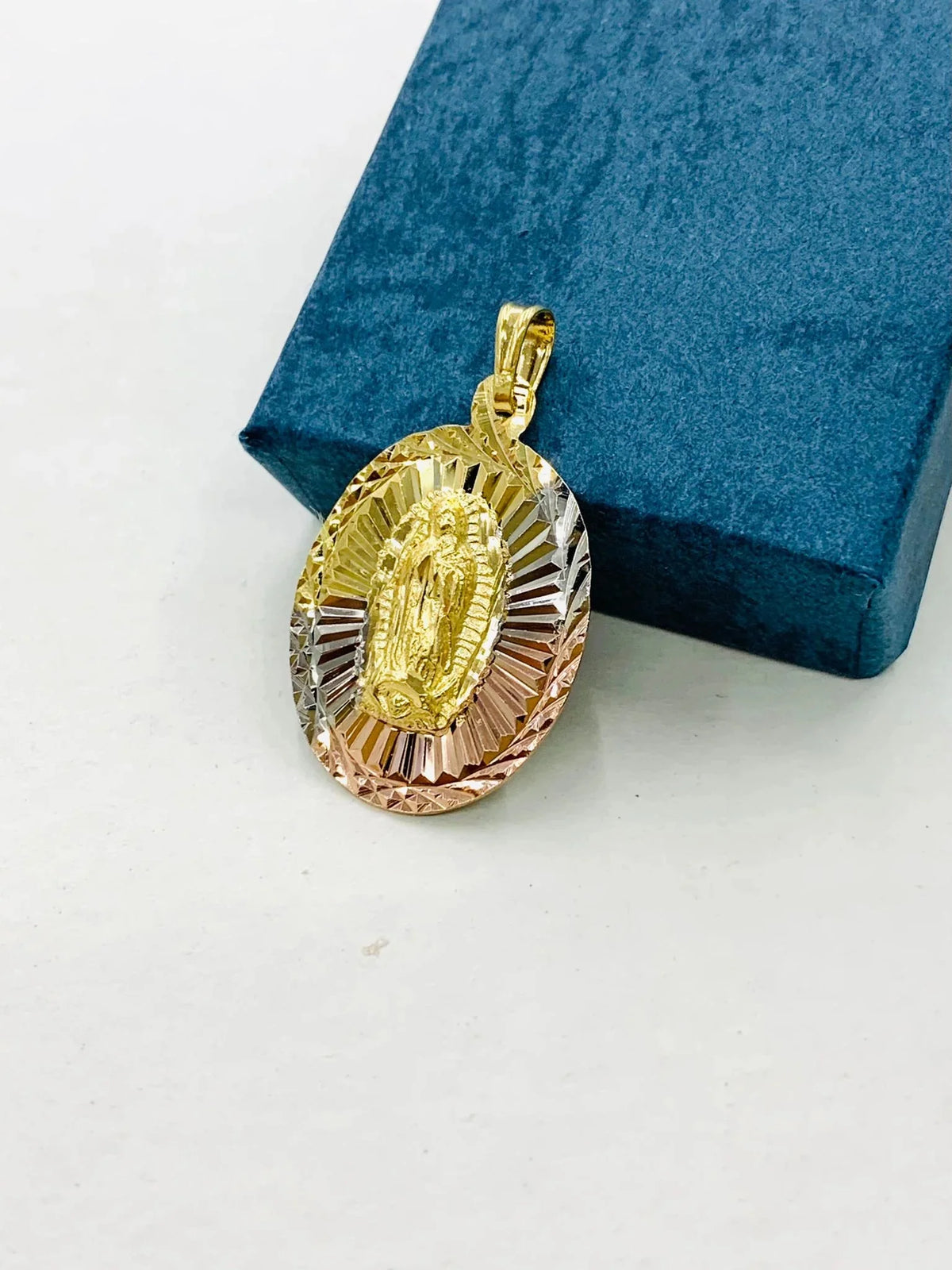 Tri Color Diamond Cut Virgen de Guadalupe Pendant Necklace Figaro Chain 20" Gold Filled O434176