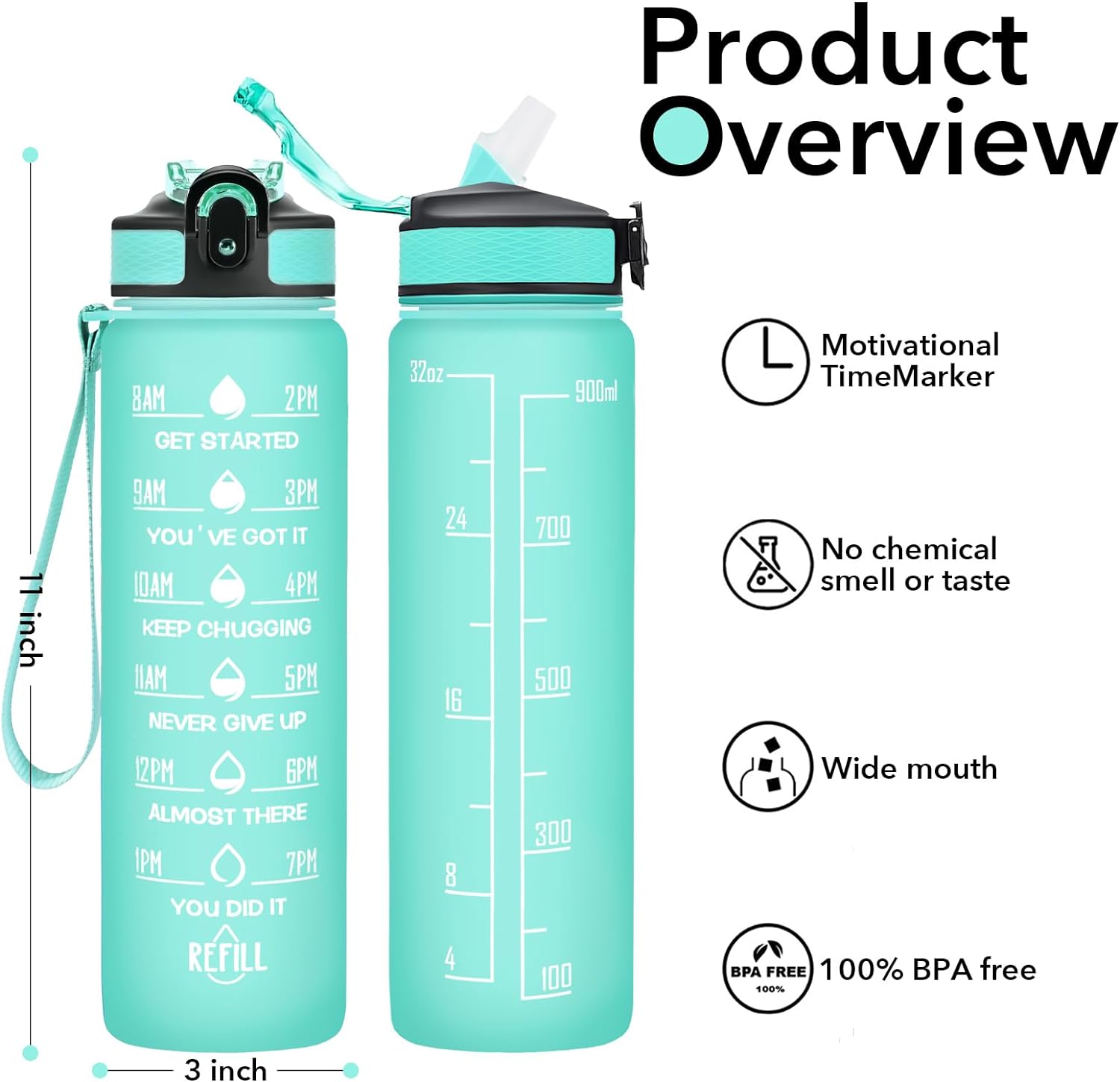 32 oz Motivational Water Bottle with Straw, Time Marker, Leakproof BPA Free O727