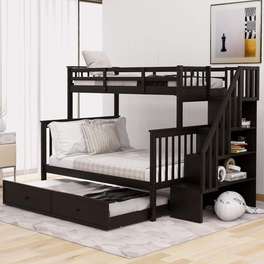 Solid Wood Twin-Over-Twin Stairway Bunk Bed Frame with Storage and Guard Rail Y806