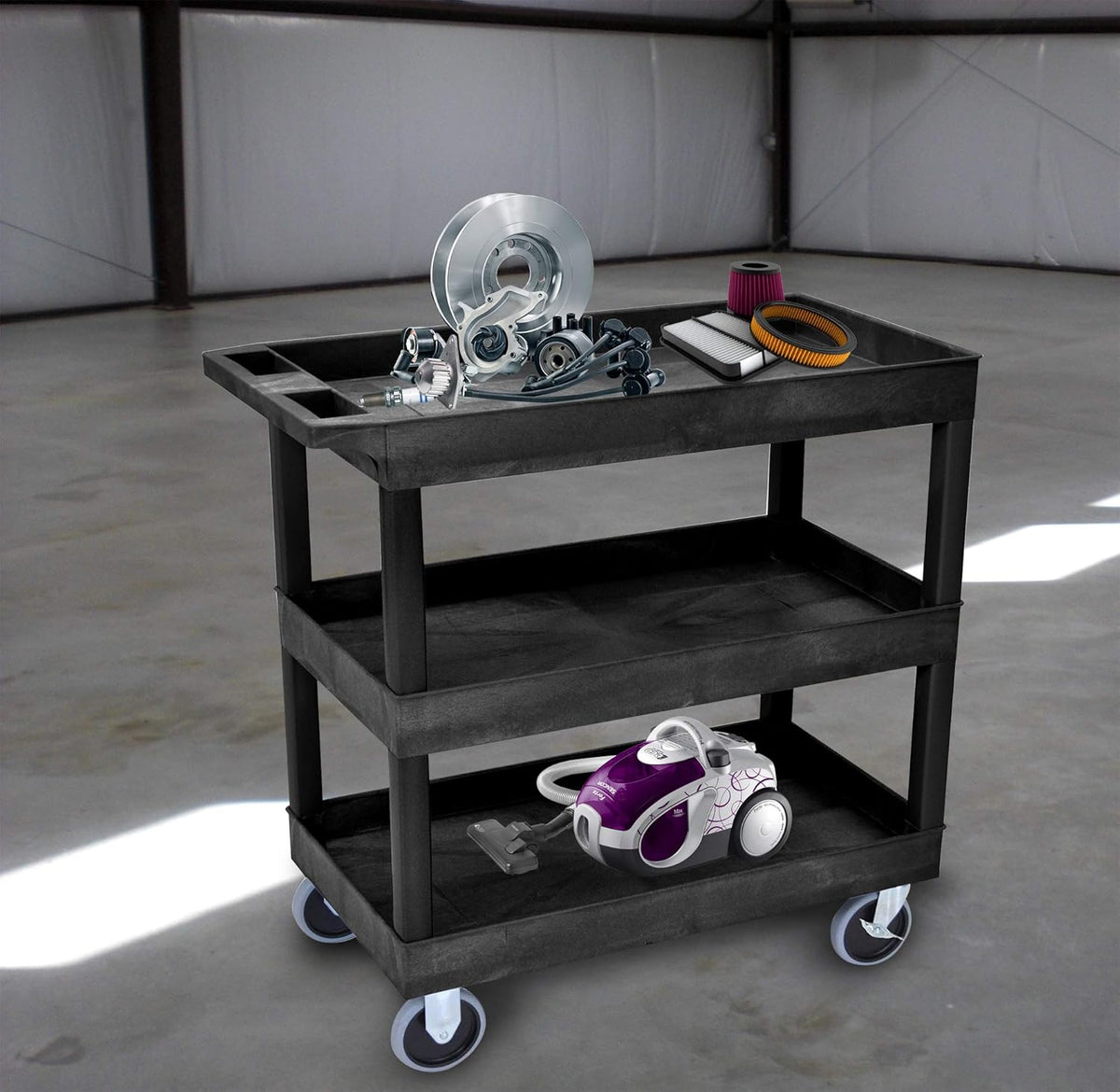 Black Mobile Utility Tub Cart with 3 Shelves B9261