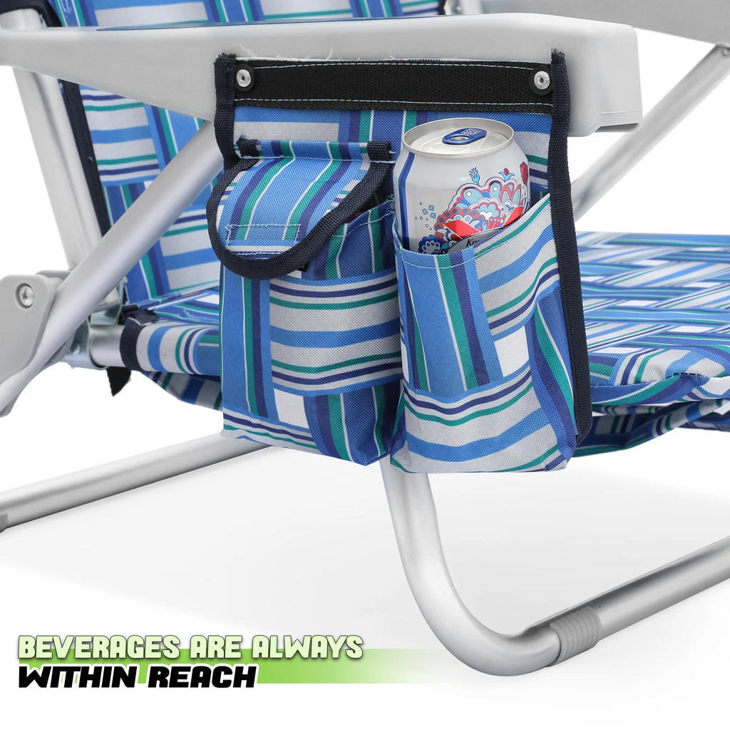 Blue Stripes Folding Beach Chairs Set of 2 with Side Pocket Y732773