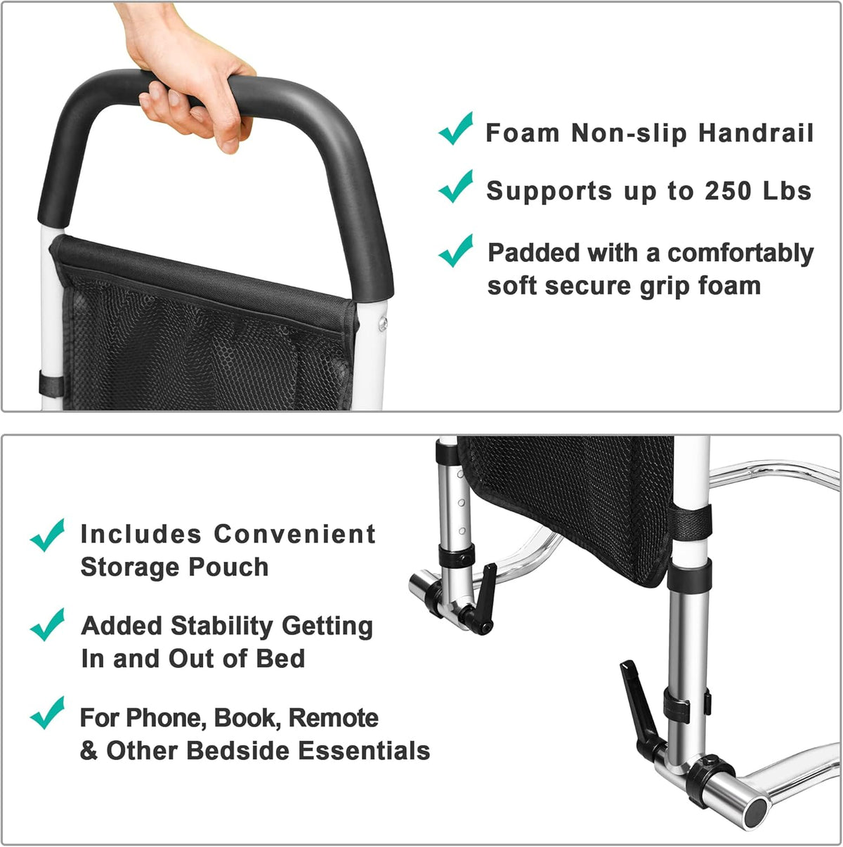 Bed Assist Rail with Fall Prevention Guard, Adjustable Height, Storage Pocket & Tablet Phone Holder, Pack of 2 C278