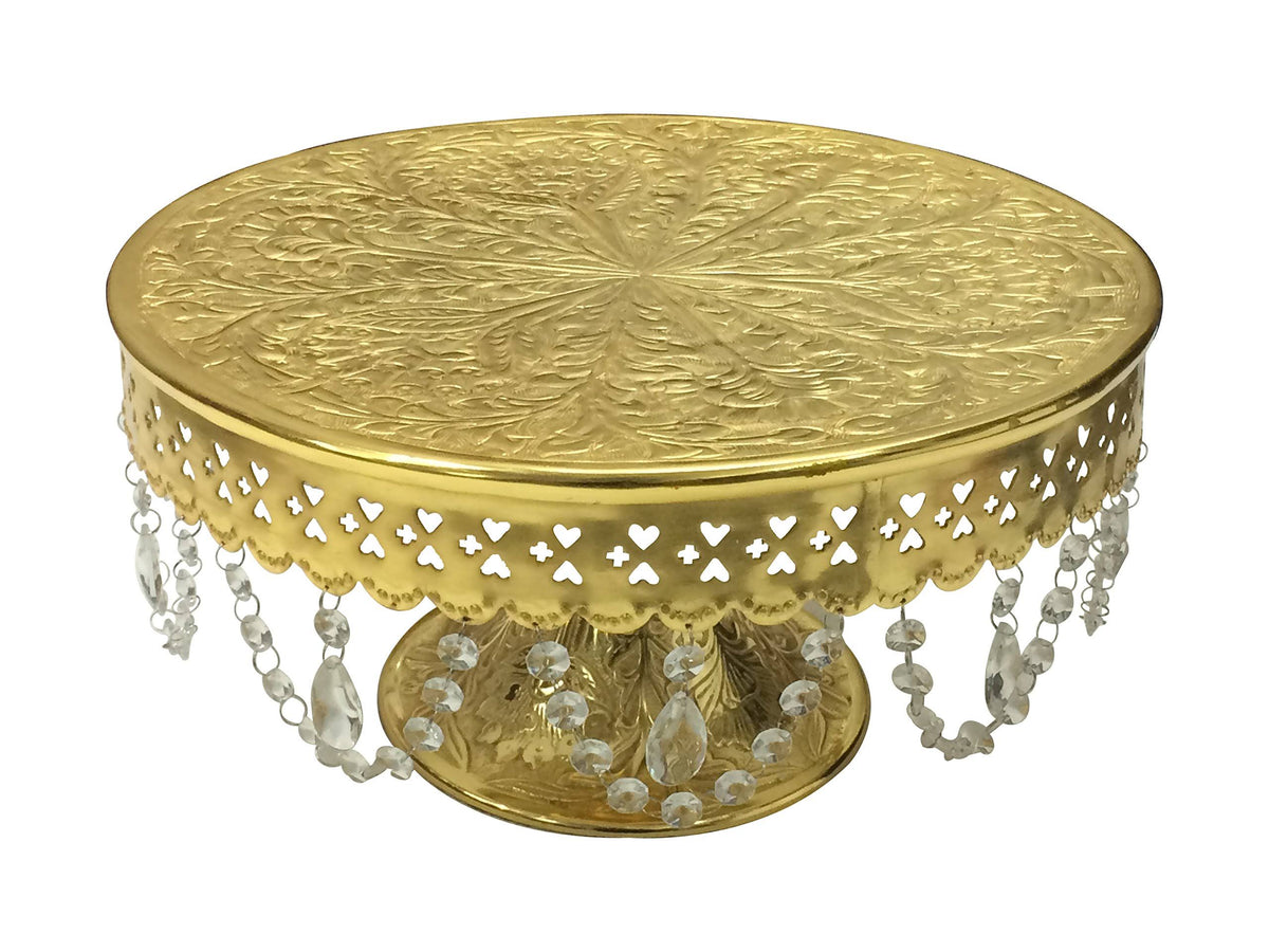 Gold Finish Round Wedding Cake Stand with Glass Clear Crystals J31626