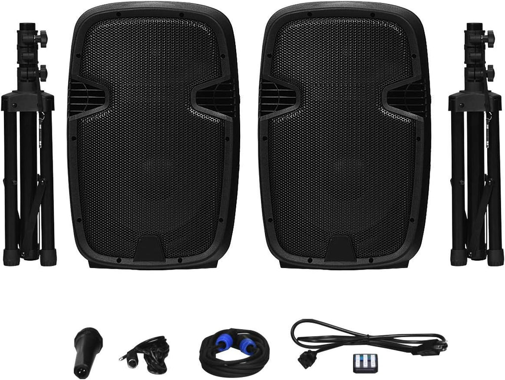 12 1600W Portable Dual Passive Active Speaker with 2 Speaker Stands Z47832