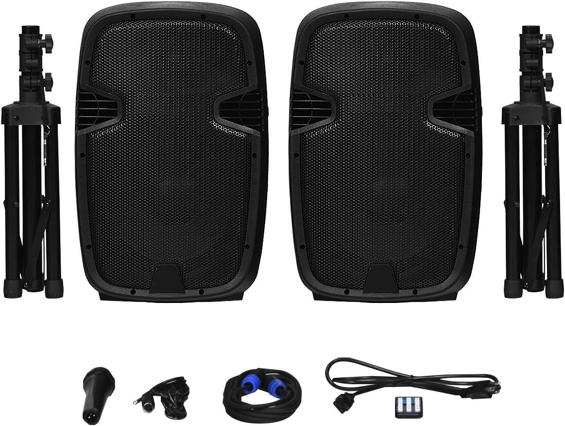 12 1600W Portable Dual Passive Active Speaker with 2 Speaker Stands Z47832