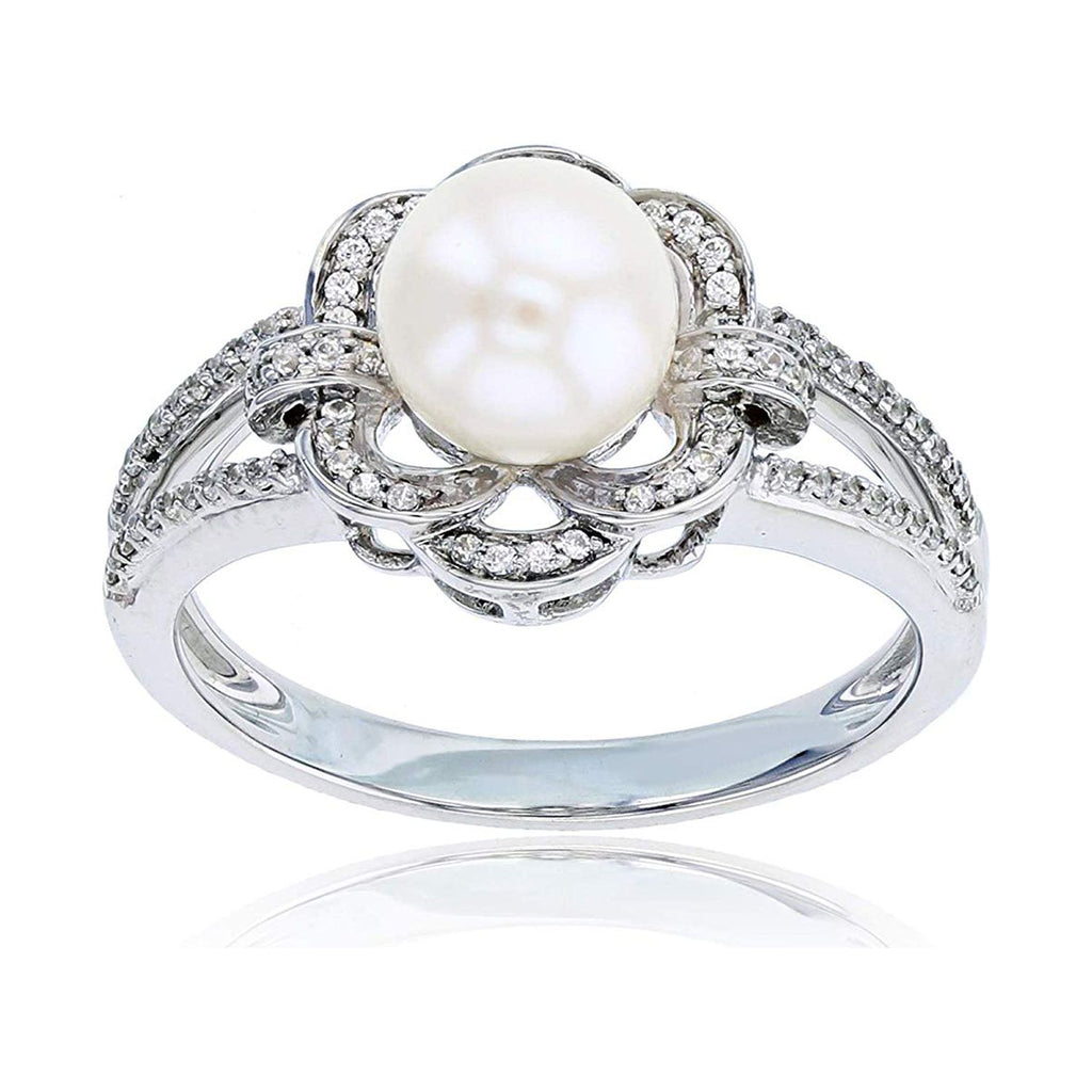 Sterling Silver Rhodium 0.16 CTTW Diamond & Pearl Flower Ring T20520
