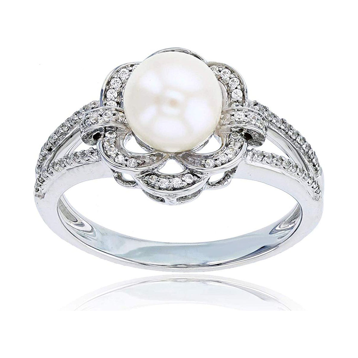 Sterling Silver Rhodium 0.16 CTTW Diamond & Pearl Flower Ring T20520
