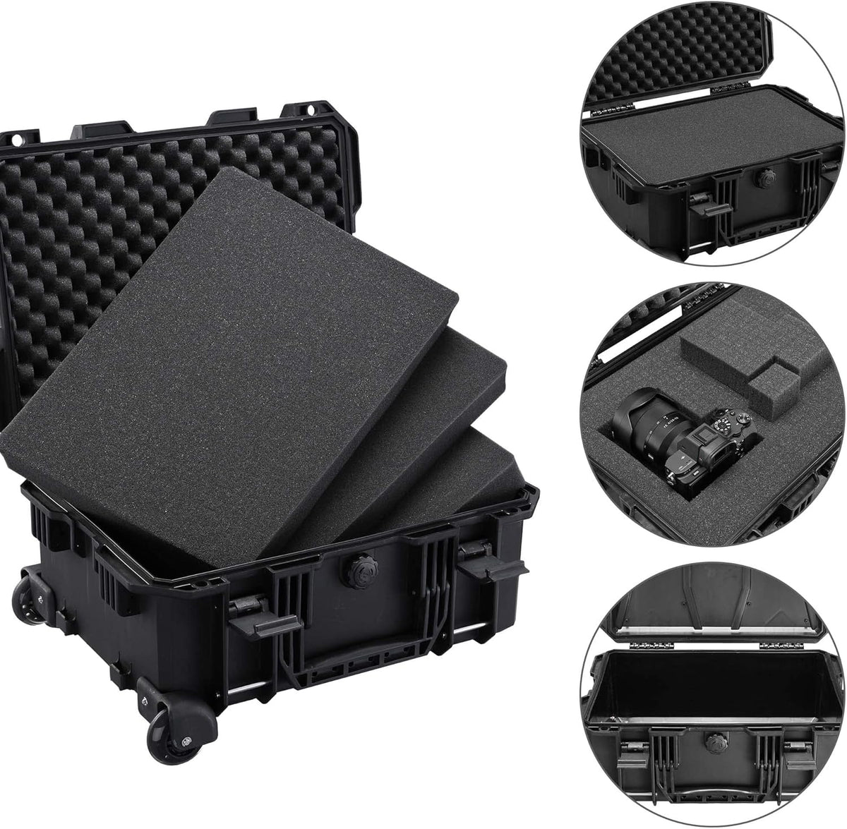 Black Rolling Waterproof Hard Camera Case with Wheels R266