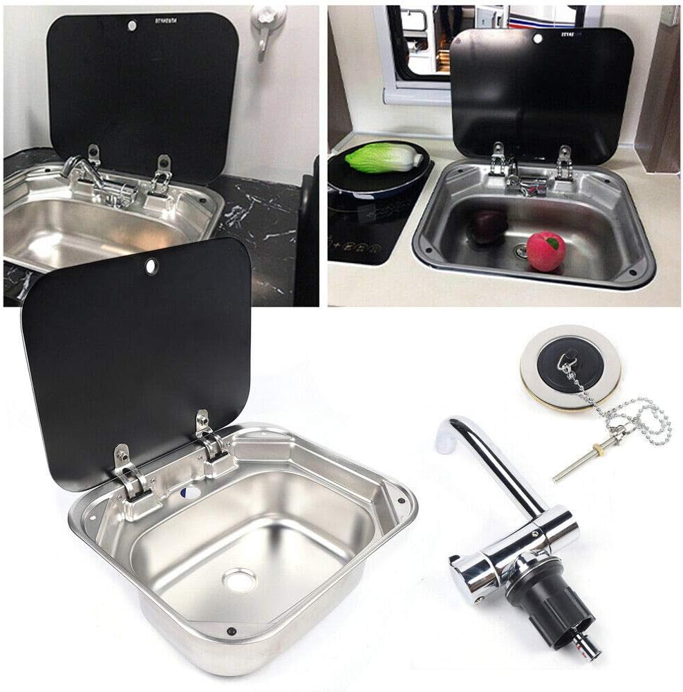 Stainless Steel Sink with Glass Lid and Cold & Hot Faucet for Camper R62734