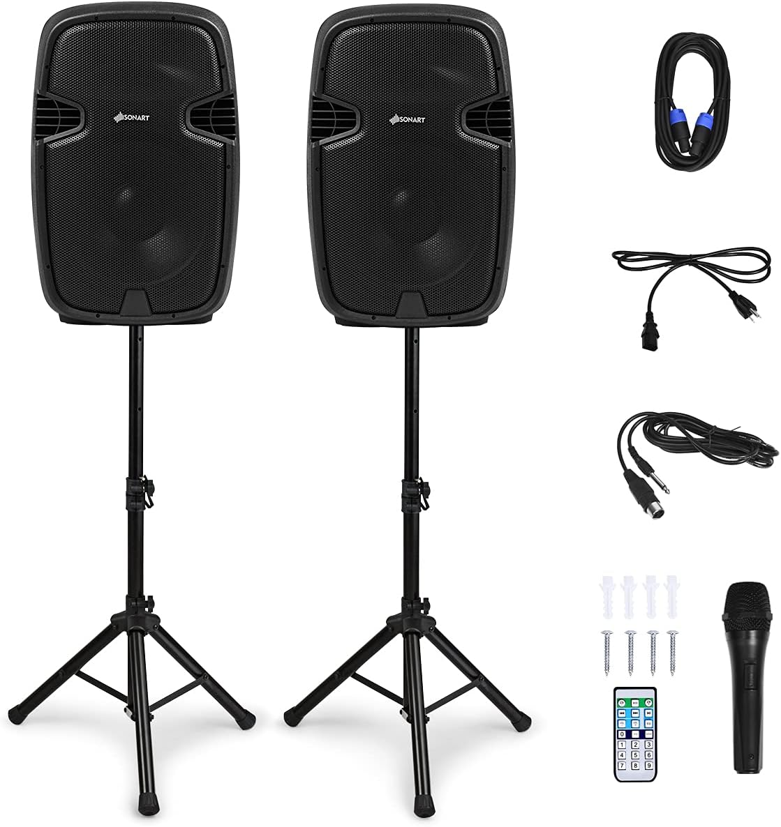 12 1600W Portable Dual Passive Active Speaker with 2 Speaker Stands Z47832