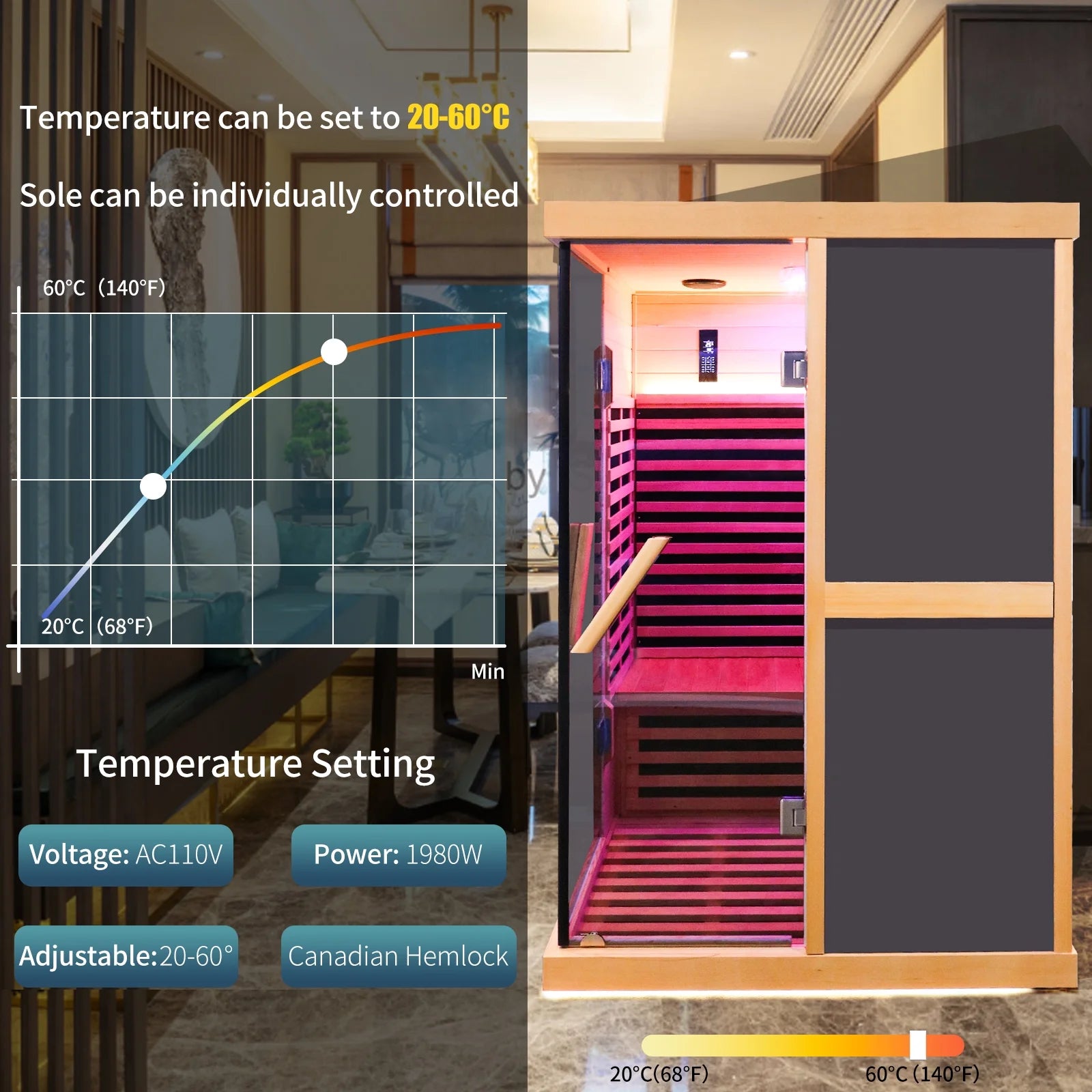 Infrared Sauna 1980W Wooden Hemlock Wood Low-EMF Indoor Saunas with APP Control for Two Person Q2409