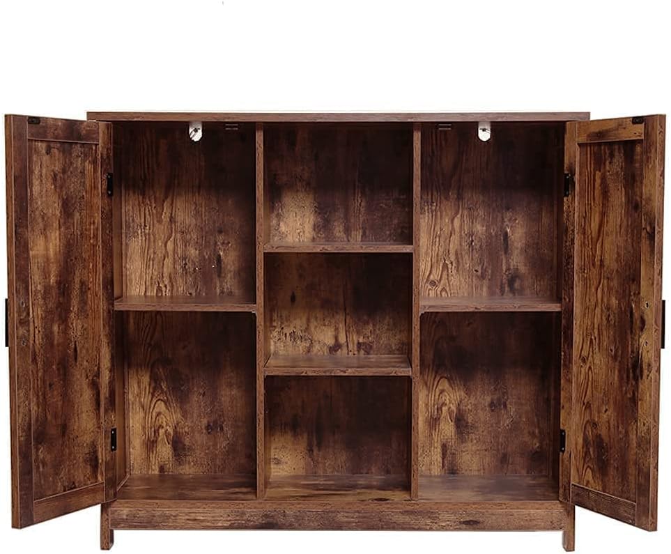 Retro Brown Wooden Floor Storage Cabinet with 2 Doors and 2 Open Shelves O338