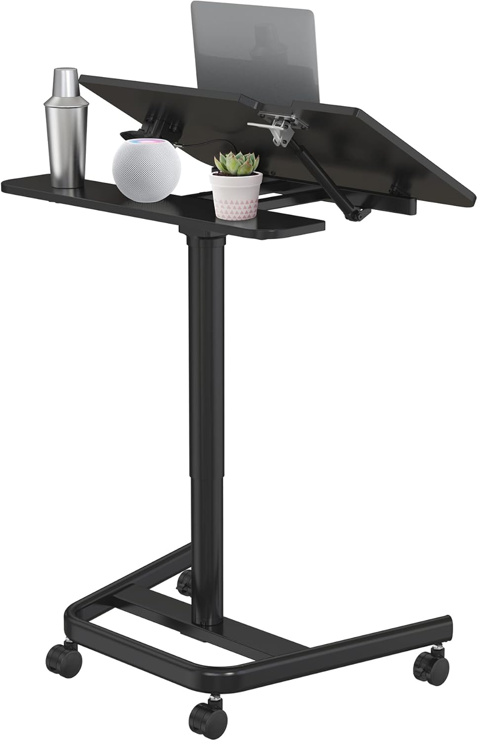 Black Mobile Standing Desk with Split Top Tilting Tray and Brake Casters D860