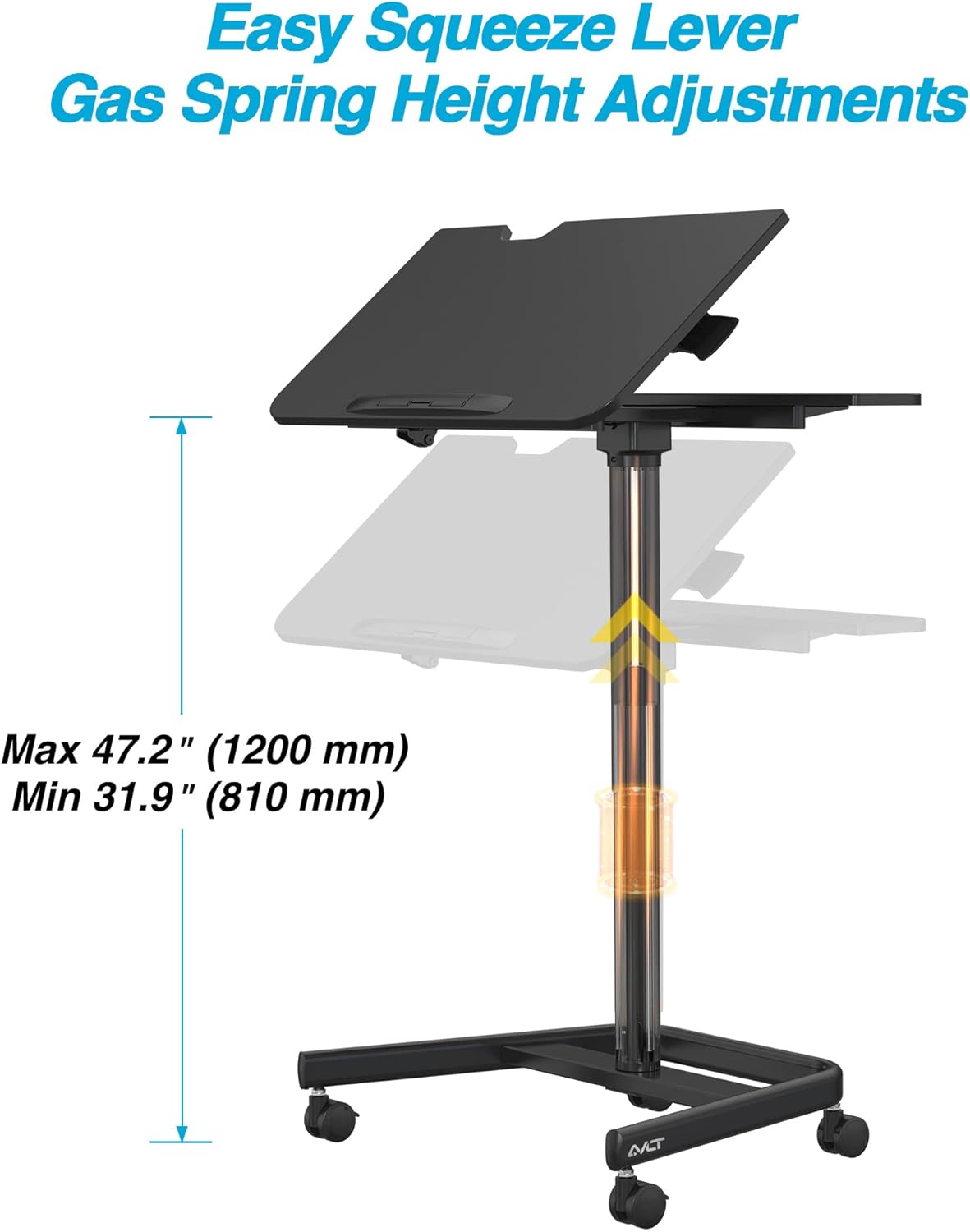 Black Mobile Standing Desk with Split Top Tilting Tray and Brake Casters D860