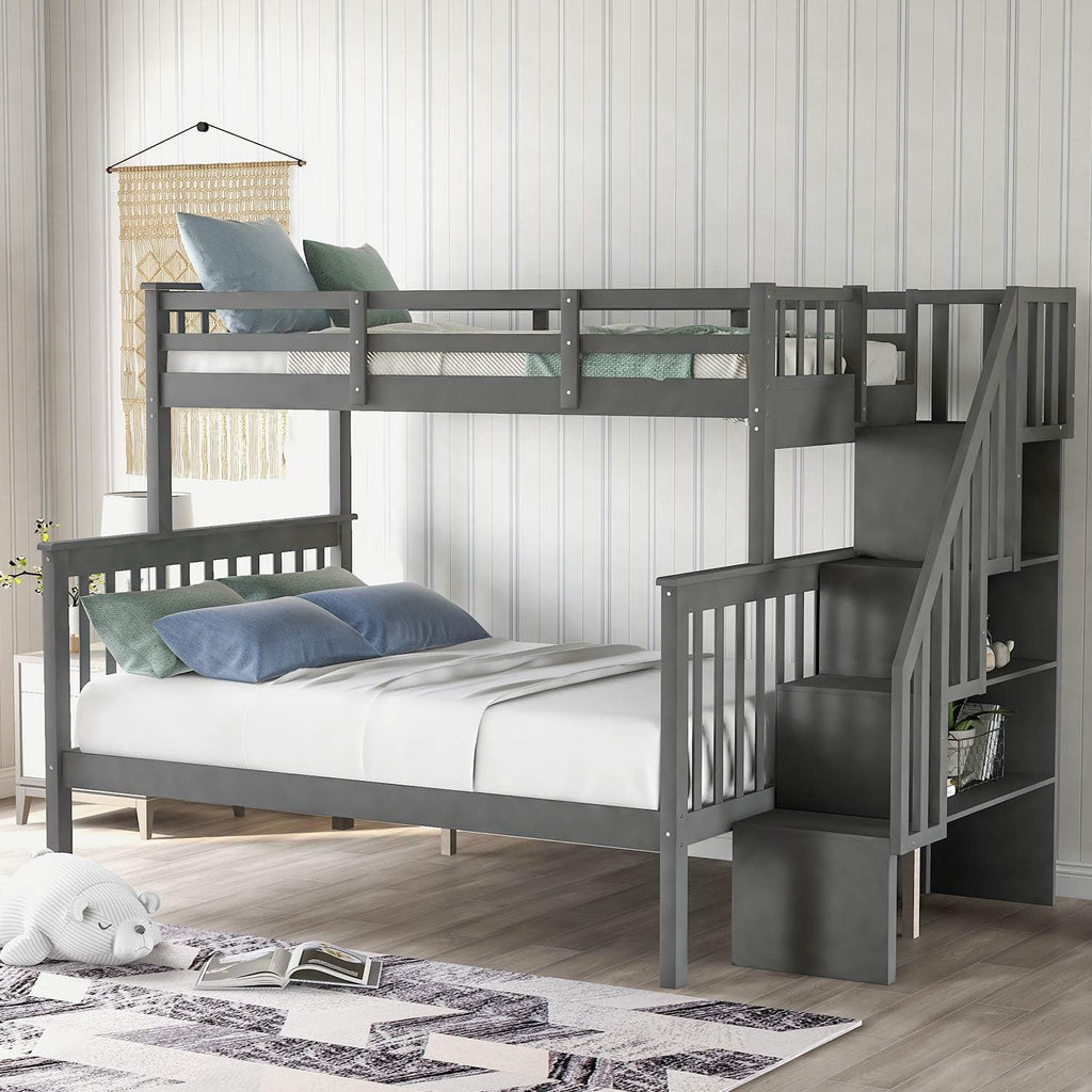 Solid Wood Twin-Over-Twin Stairway Bunk Bed Frame with Storage and Guard Rail Y806
