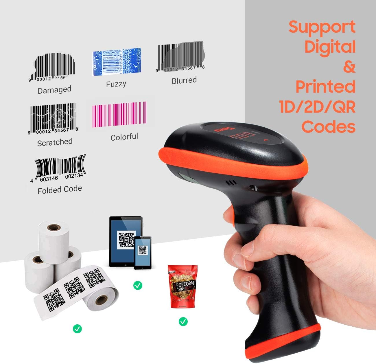 Wireless 1D 2D QR Barcode Scanner with Cradle Display Counting Screen Handheld Image Bar Code Reader A868