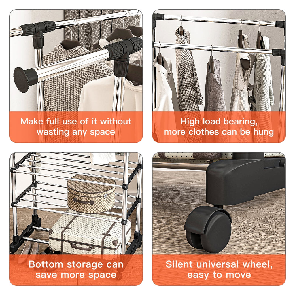 Adjustable Garment Rack with 2 Tier Metal Shelf, Rolling Clothes Organizer Q666191