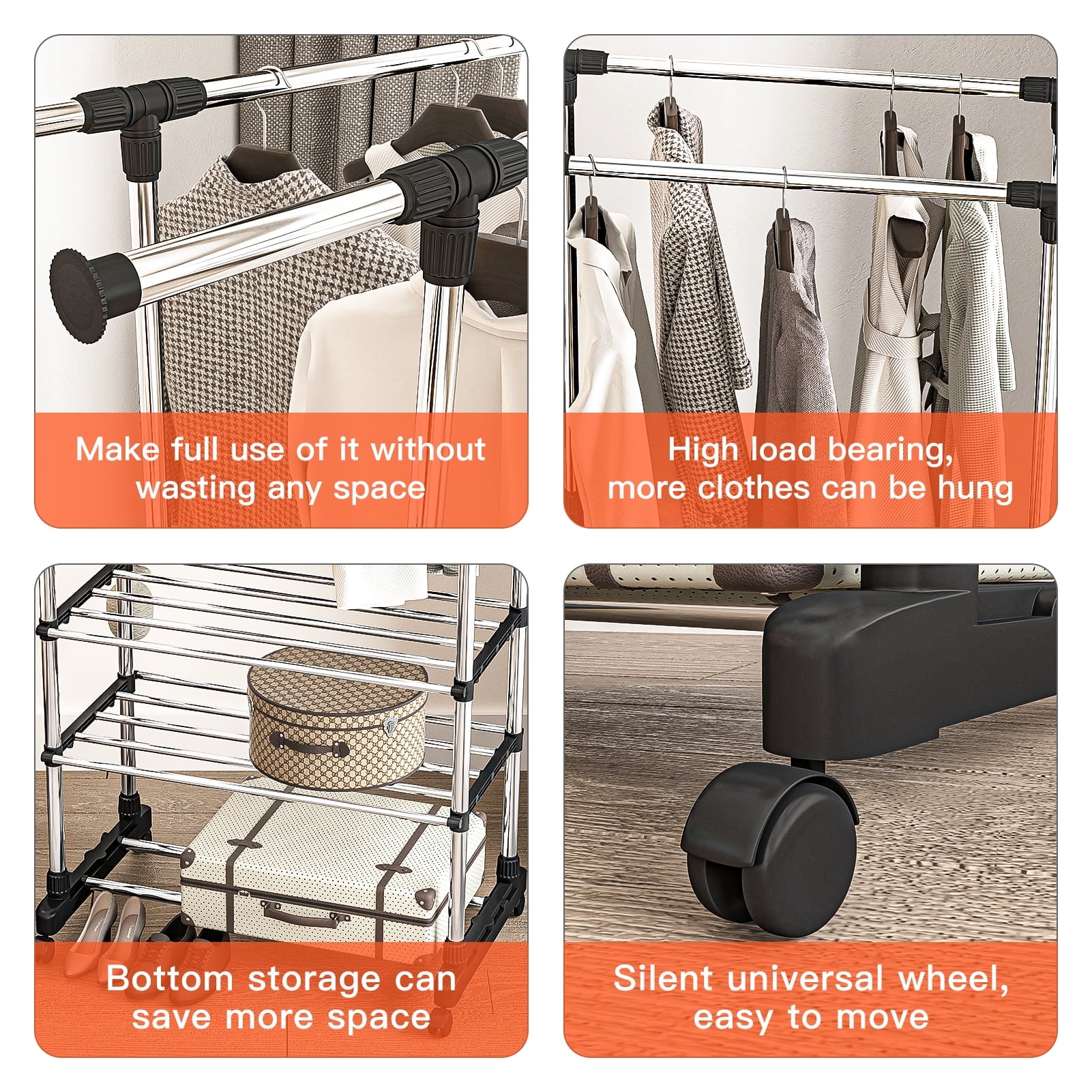 Adjustable Garment Rack with 2 Tier Metal Shelf, Rolling Clothes Organizer Q666191