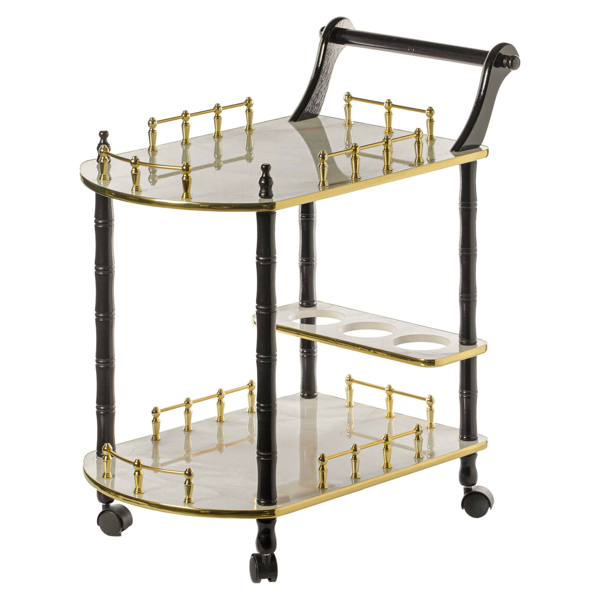 Gold Black and White Wood Serving Bar Cart with 2 Tier Shelves and Rolling Wheels Z441200