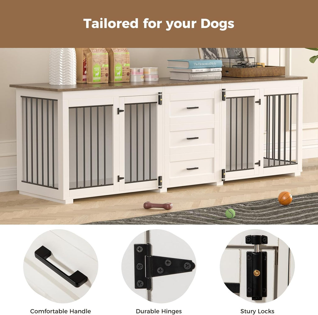 White Wooden Double Dog Kennel with 3 Drawers H60639