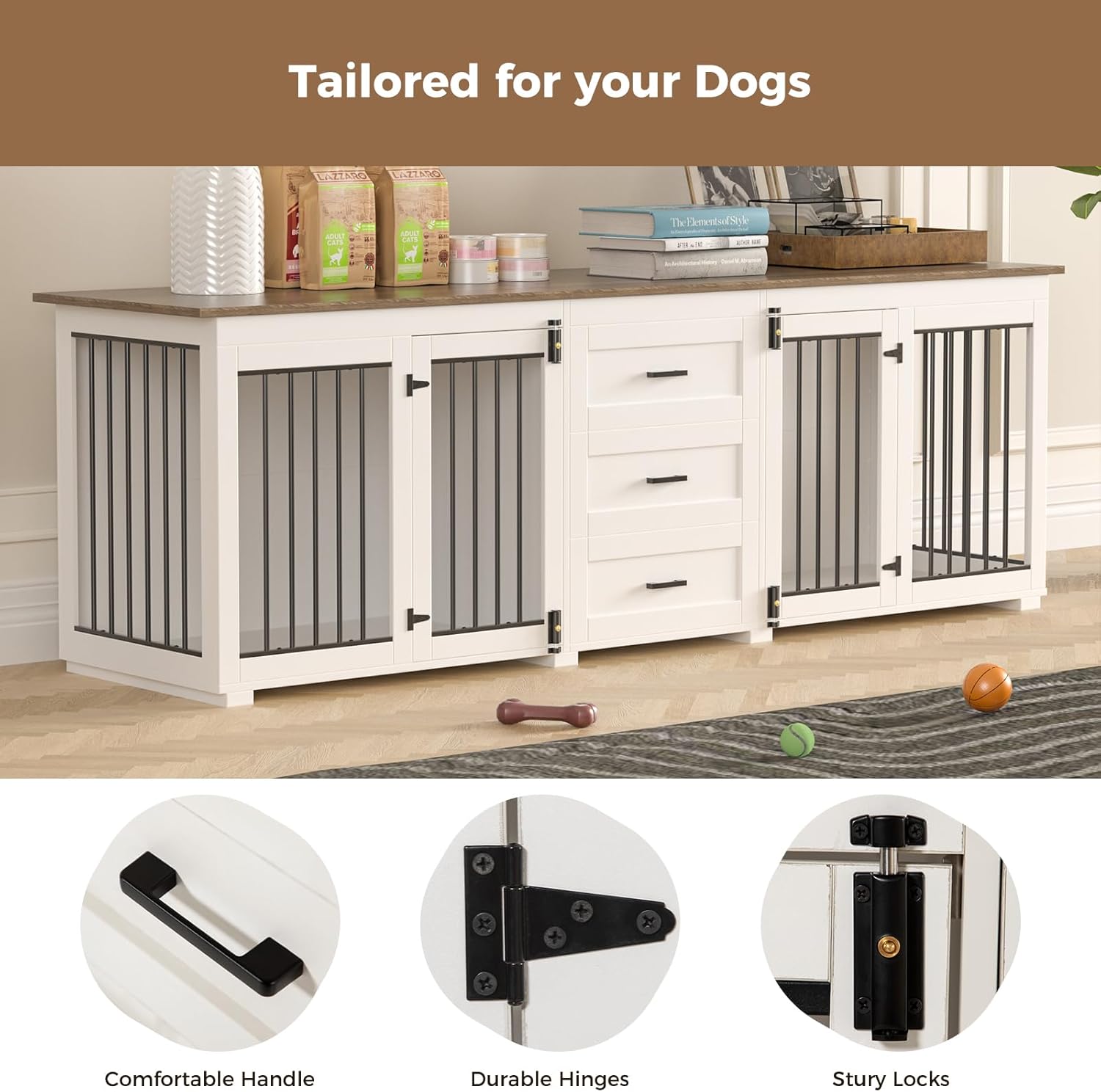 White Wooden Double Dog Kennel with 3 Drawers H60639
