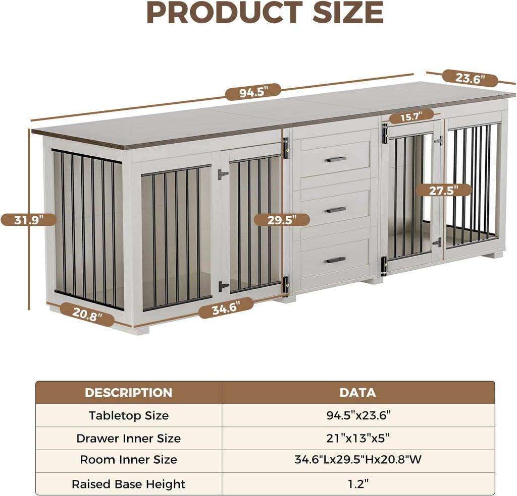 White Wooden Double Dog Kennel with 3 Drawers H60639