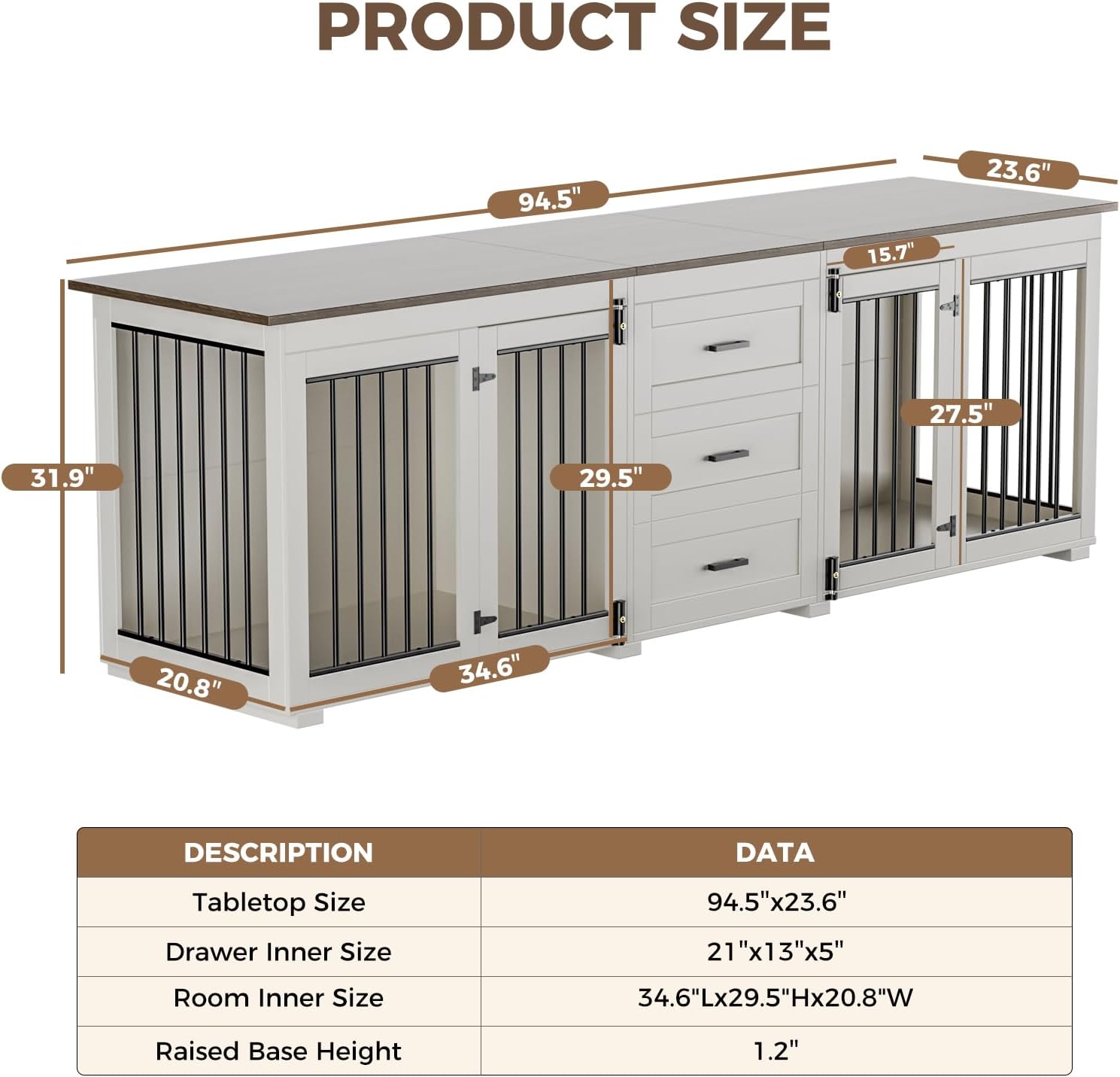 White Wooden Double Dog Kennel with 3 Drawers H60639
