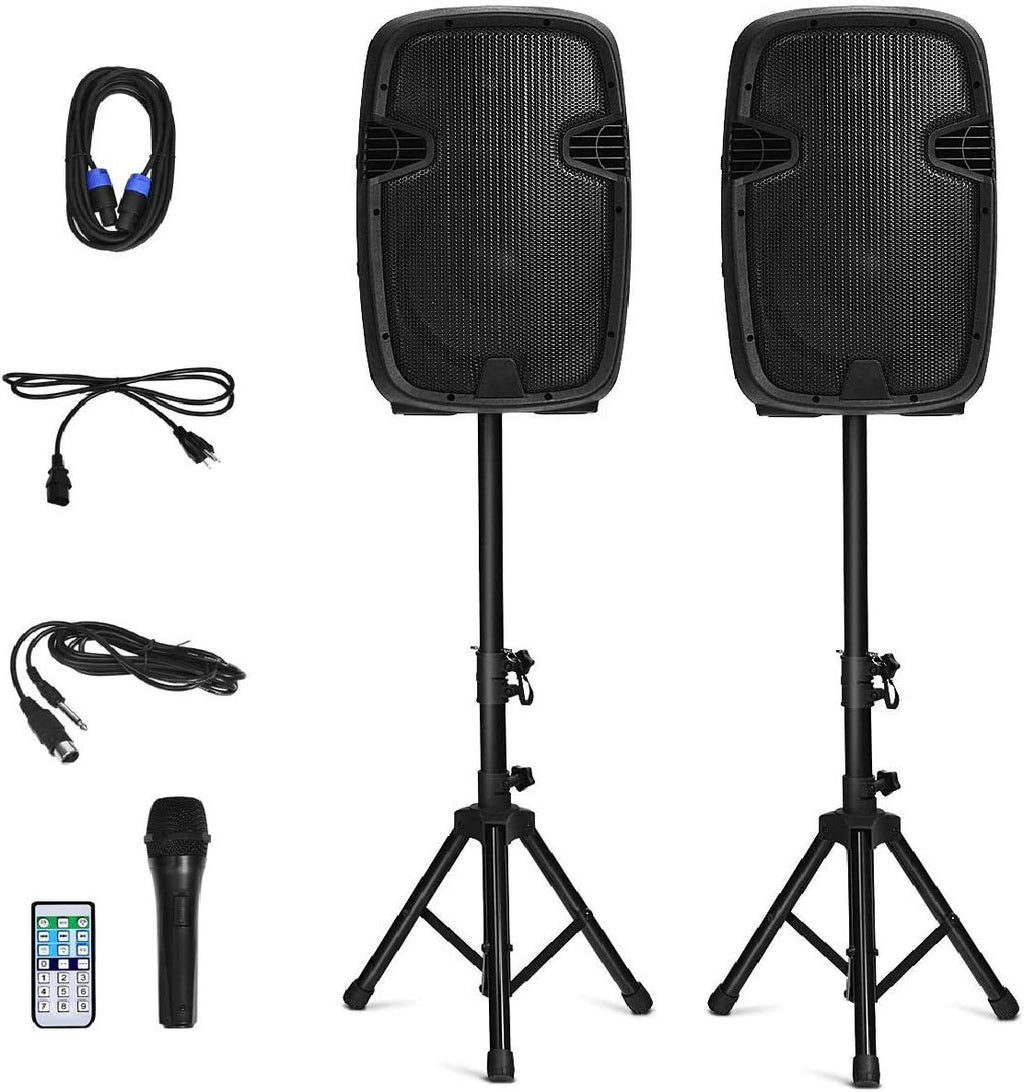 12 1600W Portable Dual Passive Active Speaker with 2 Speaker Stands Z47832
